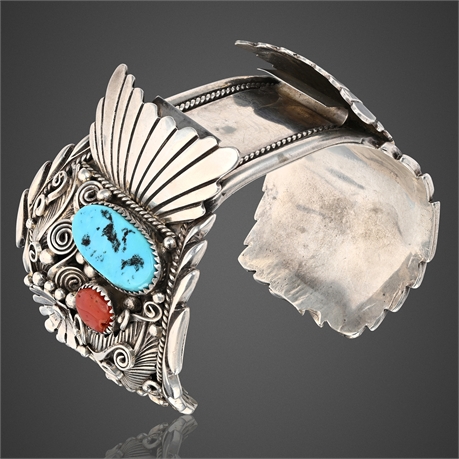 Navajo Sterling Watch Cuff w/ Turquoise & Coral, Attributed to R.S.
