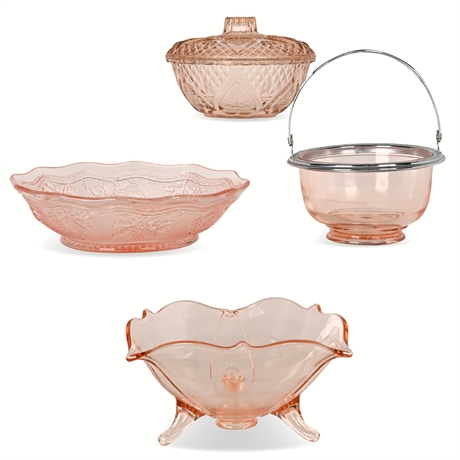 Collection of 4 Pink Glass Dishes – Depression Era & Reproductions