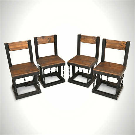 Tensegrity Dining Chairs Set/4 — Steel Chain Suspension, Pine Seat
