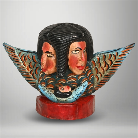 Vintage Two Headed Mexican Folk Art Angel Sculpture, Chubby Cheek Angel Nahua