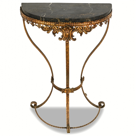 Antique French Gilt Iron Demilune Console Table with Marble Top