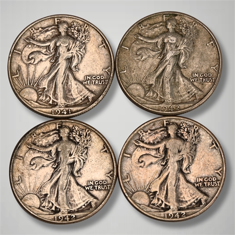 (4) 1941 & 1942 Walking Liberty Silver Half Dollars