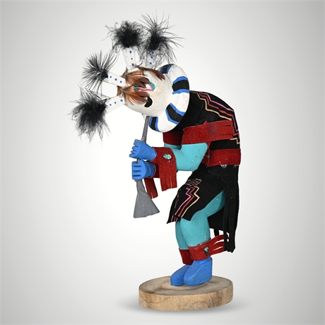 Navajo Kokopelli Kachina Doll – Hand-Carved Wood, Turquoise, Signed E.C.