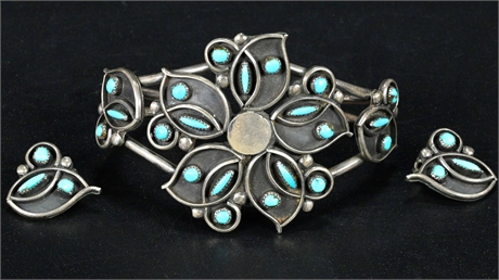 Vintage Zuni Earrings & Cuff in Sterling Silver & Turquoise