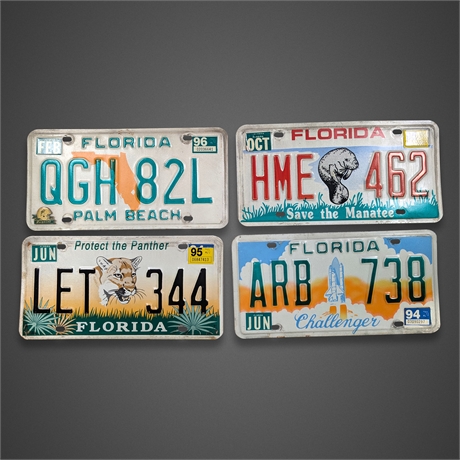 Set of 4 Vintage 1990s Florida License Plates – Manatee, Panther, Challenger & P