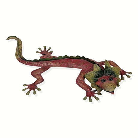 Frilled Lizard Metal Wall Sculpture, Hand-Painted Red & Green