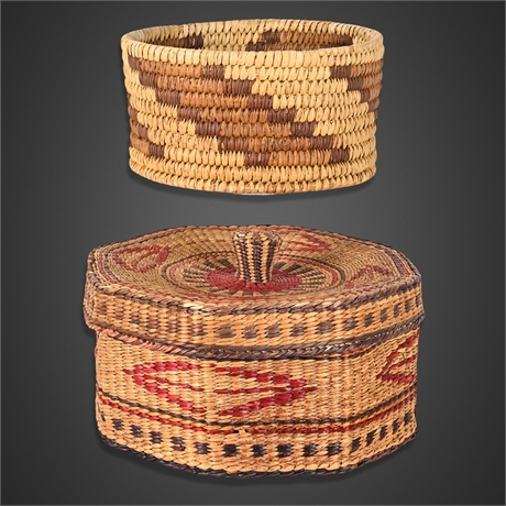 Tohono O'odham Polychrome Basket & Lidded Sweetgrass Basket, Pair