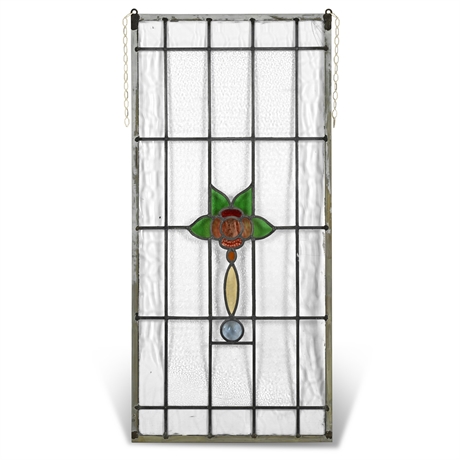 Arts & Crafts Leaded Stained Glass Window Panel — Rose Motif, 43 Panes