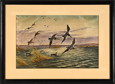 Japanese Silk Embroidery — Mallards Descending Over Marsh, Framed Behind Glass