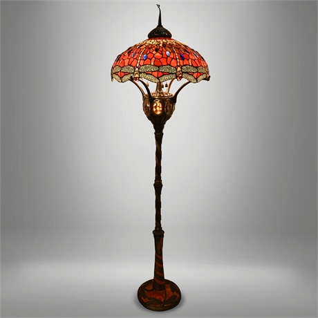 Tiffany-Style Dragonfly Floor Lamp – Stained & Turtleback Glass, 74"