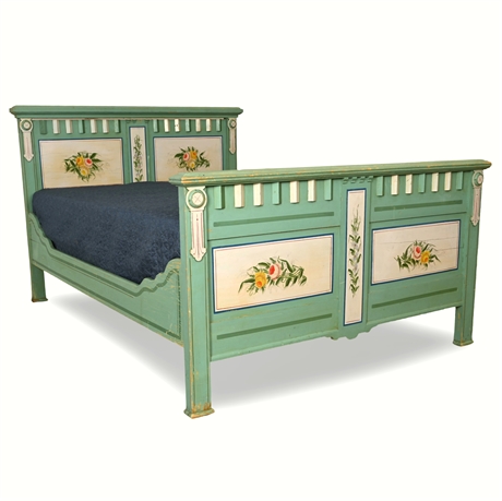 Eastlake Hand-Painted Solid Wood Bed Frame with Floral Motifs, Full-Size