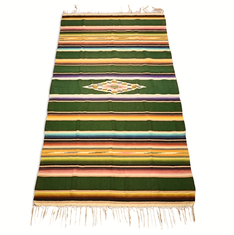 Vintage Mexican Serape Blanket — Green Striped Saltillo Pattern, 92” x 47”