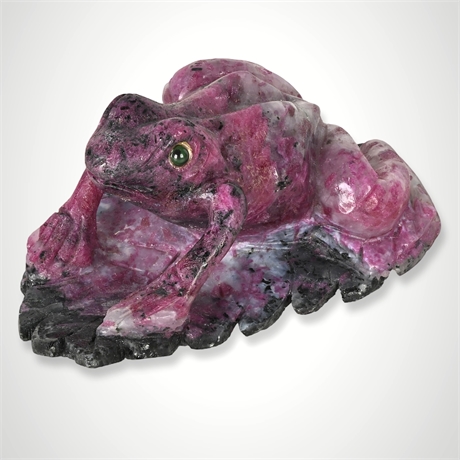 Hand-Carved Ruby Zoisite Frog Sculpture, Glass Eyes