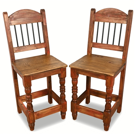 Pair of Rustic Pine Bar Stools – Handcrafted in Mexico