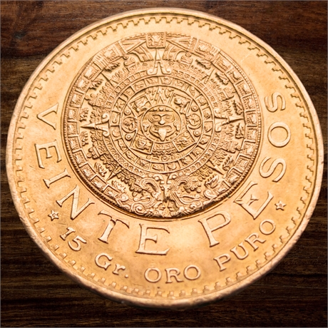 1959 Gold 20 Pesos Mexico Veinte Pesos Aztec Calendar Coin 15 Gr Oro Puro