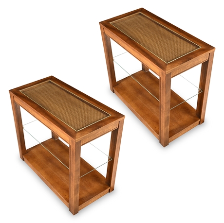 Pair of Vintage Oak Console Tables with Cane Inset & Glass Shelf