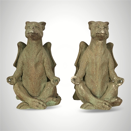 Cast Stone Gargoyle Garden Figures, Pair — Verdigris Patina, Matched Set