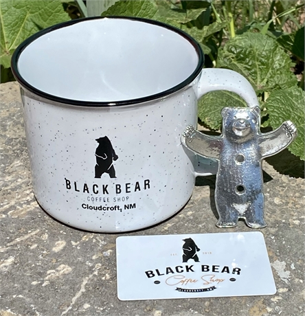 Ceramic Mug & Gift Card, Black Bear Coffee Shop, Cloudcroft + Pewter Bear Hook