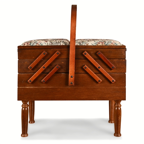 Vintage 3-Tier Wooden Cantilever Sewing Box with Accessories
