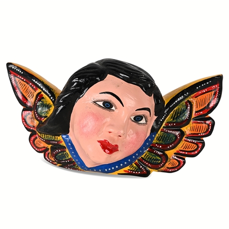 Angel Face Folk Art Hand-Painted Sculpture – Wall-Mountable, Made in Mexico