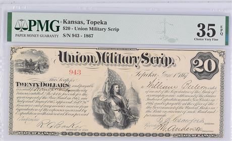 1867 $20 Union Military Scrip Topeka Kansas PMG 35 EPQ