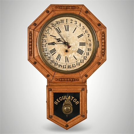 New Haven “Braddock” Oak Calendar Regulator Clock — Antique, Working, w/ Key