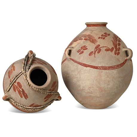 Pair of Mexican Folk Art Terracotta Jars – Hand Painted, Twine Wrapped