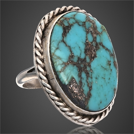 Signed TC Navajo Sterling Silver & Turquoise Ring, Size 7.5