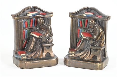 Antique Monk Library Bronze Bookends
