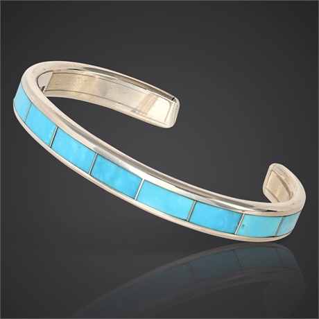 Larry Loretto Zuni Sterling Silver Turquoise Inlay Cuff Bracelet – 33.47g