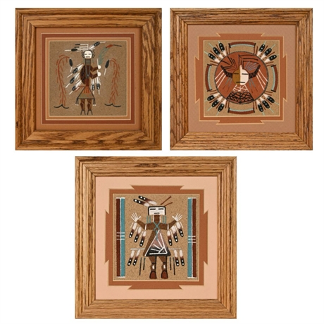 Set of 3 Navajo Sandpaintings by Beverly Begay — Whirling Yei, Moon, Hunch Back