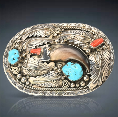 Navajo Sterling Silver Belt Buckle with Turquoise, Coral, and Claw