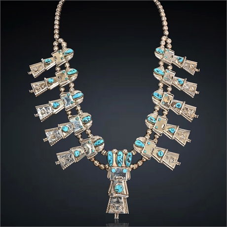 Fatoya Yazzie Kachina Themed Turquoise Squash Blossom Necklace