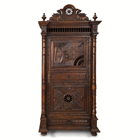 French Breton Henri II Oak Cabinet, Griffin Pediment & Spinning Maiden Relief