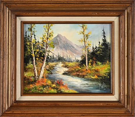 Mirta Autumn Mountain Stream Oil on Canvas, Signed — Carved Wood & Linen Frame