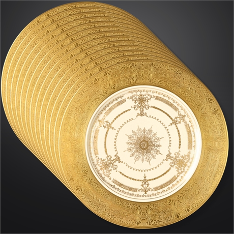 Heinrich & Co. Selb Bavaria Gold Filigree Plates (12) – 11" Marked, c.1930s