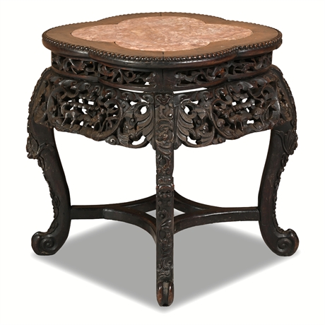 Chinese Carved Hardwood Stand, Rouge Marble Top — Qing c.1890