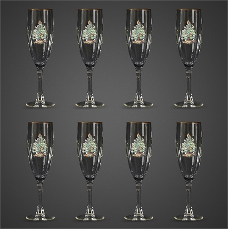 Spode Christmas Tree Champagne Flutes – Set of 8, 7″ Gold-Rim Stems