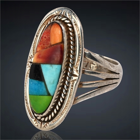 Vintage Navajo Multi-stone Inlaid Ring Size 8