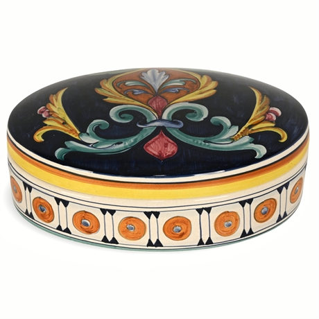 Fratelli Mari Deruta Italian Ceramic Lidded Dish, Hand-Painted, 8” Oval