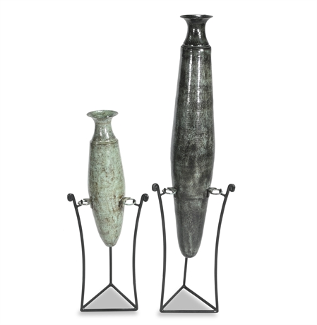 Pair Hammered Floor Vases with Iron Stands