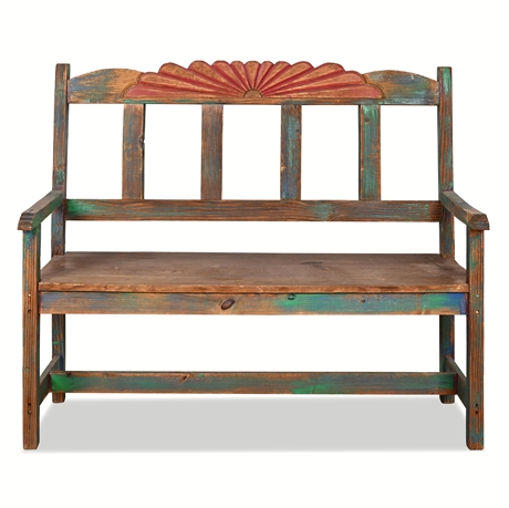 48" Rustic Hand-Carved Pine Bench – Painted Fan Motif