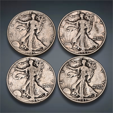 1942 - 1945 (4) Walking Liberty Half Silver Dollars