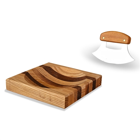 Alaska Cutlery Ulu Knife with Laminated Ash & Walnut Cutting Block & Bowl