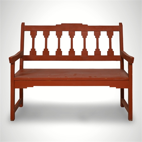 New Mexican Pine Bench with Carved Pueblo Stepped-Cloud Spindles, Red Paint