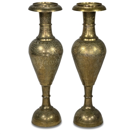 (2) Vintage 35" Solid Brass Engraved Vases