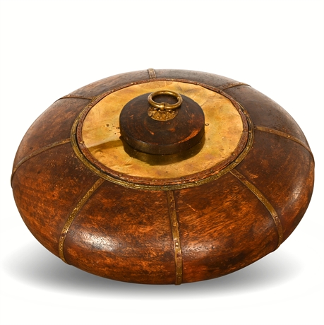 Brass-Bound Spherical Wooden Vessel with Ring Handle Lid