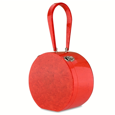 Wilardy Red Lucite Round Handbag w/ Mirror & Presto Lock Latch, 1950s