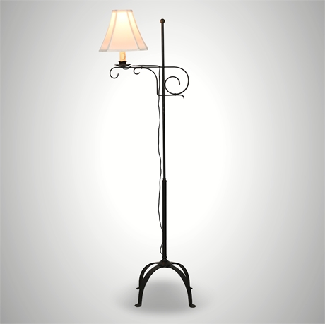 6' Rustic Adjustable Wrought Iron Lamp –Scrolled Arm, Fabric Shade, 3-Way Switch
