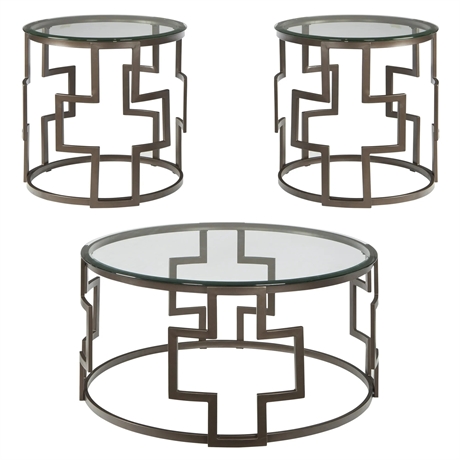 Ashley Frostine 3-Pc Round Glass Table Set — Dark Bronze